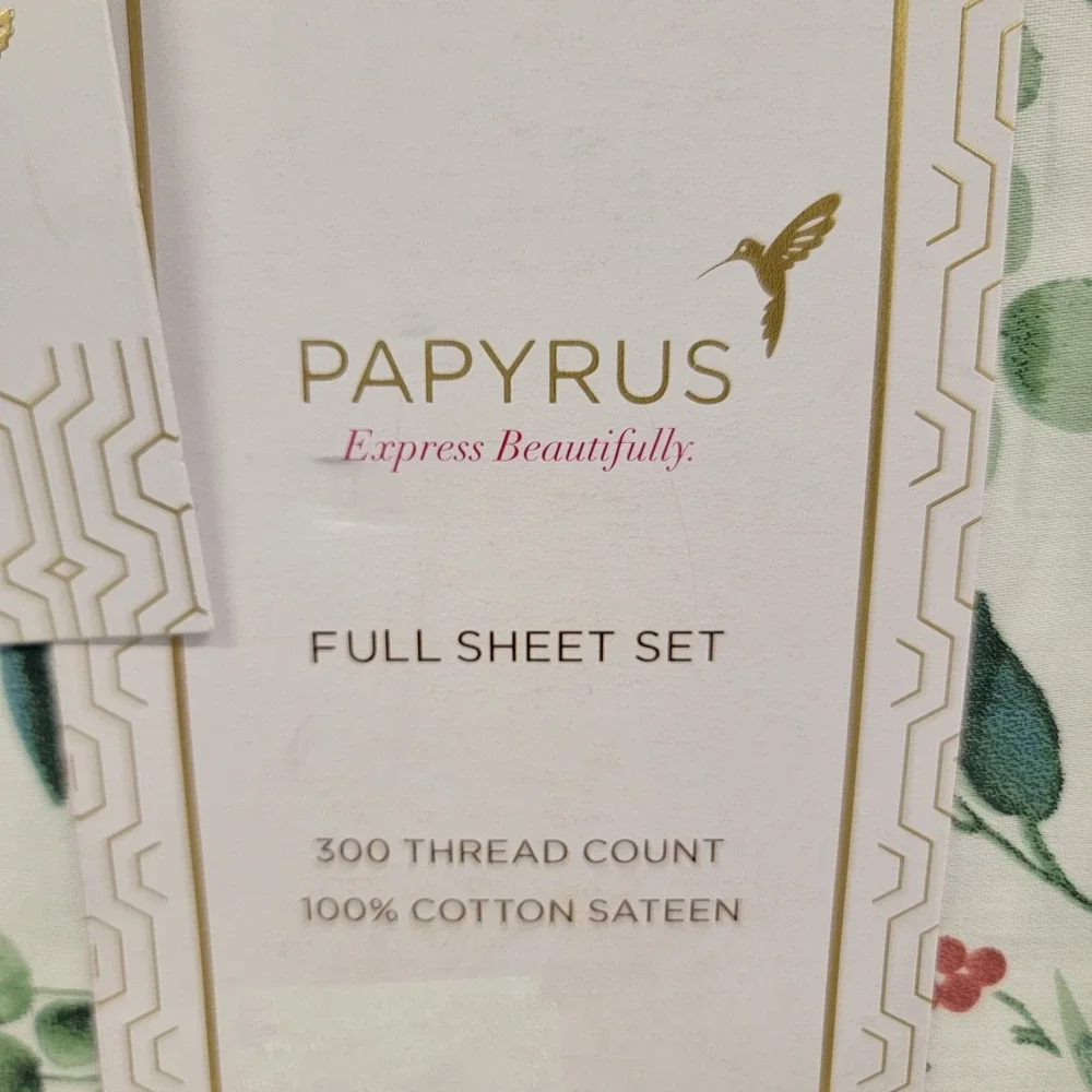 PAPYRUS Christmas Holly Berry FULL Sheet Set 100% Cotton Sateen 300 Thread Count